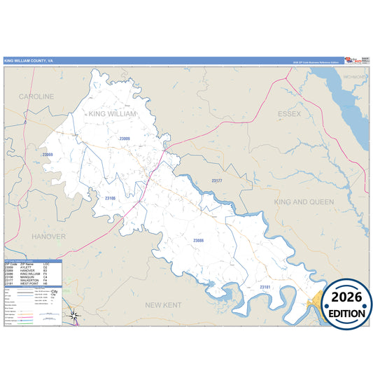 King William County, VA Business Reference 5 Digit ZIP Code Wall Map