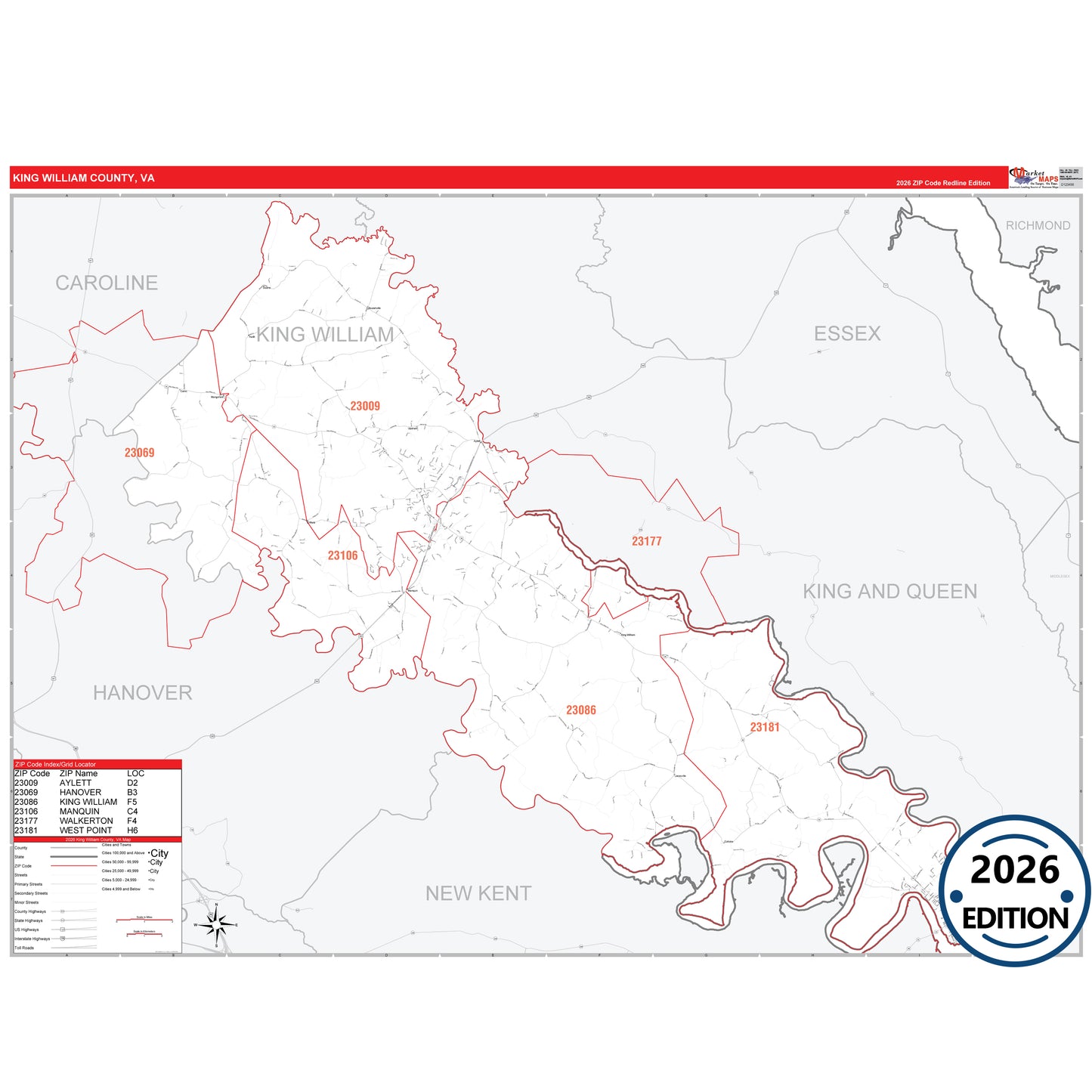 King William County, VA Red Line 5 Digit ZIP Code Wall Map