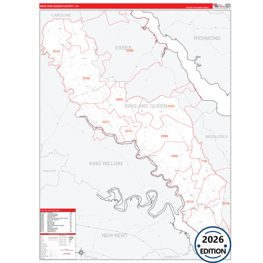 King and Queen County, VA Red Line 5 Digit ZIP Code Wall Map