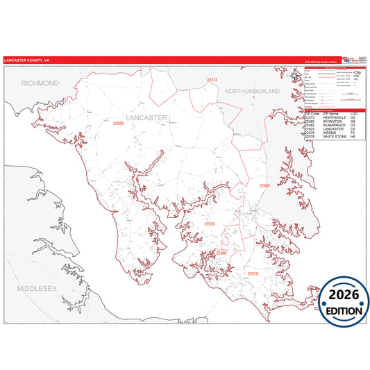 Lancaster County, VA Red Line 5 Digit ZIP Code Wall Map