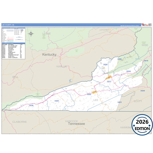 Lee County, VA Business Reference 5 Digit ZIP Code Wall Map