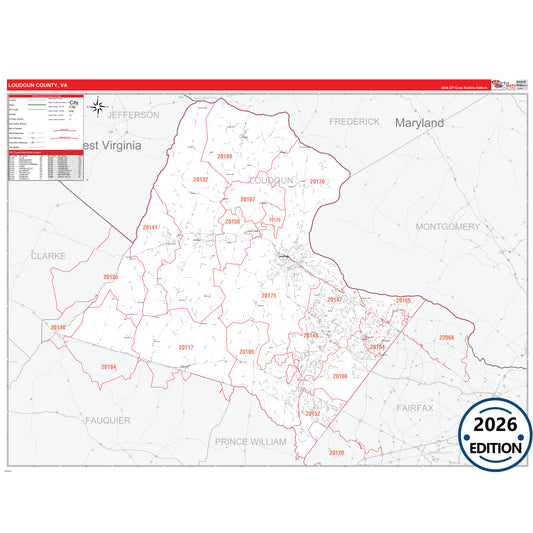 Loudoun County, VA Red Line 5 Digit ZIP Code Wall Map