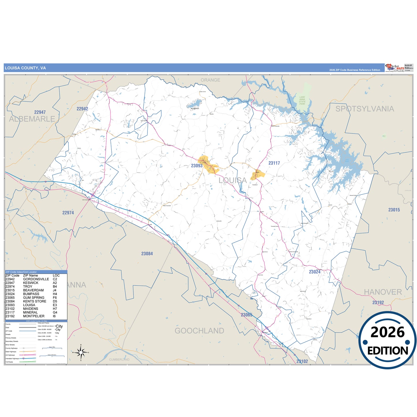 Louisa County, VA Business Reference 5 Digit ZIP Code Wall Map