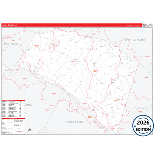 Louisa County, VA Red Line 5 Digit ZIP Code Wall Map