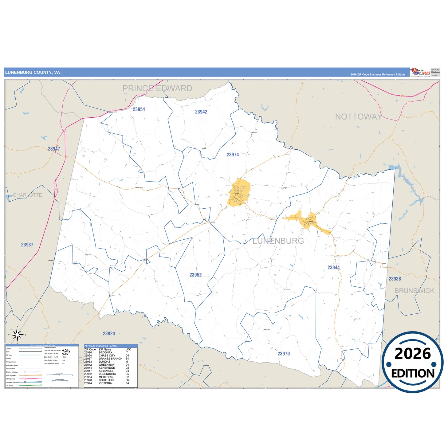Lunenburg County, VA Business Reference 5 Digit ZIP Code Wall Map