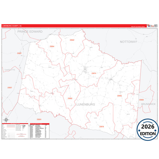 Lunenburg County, VA Red Line 5 Digit ZIP Code Wall Map