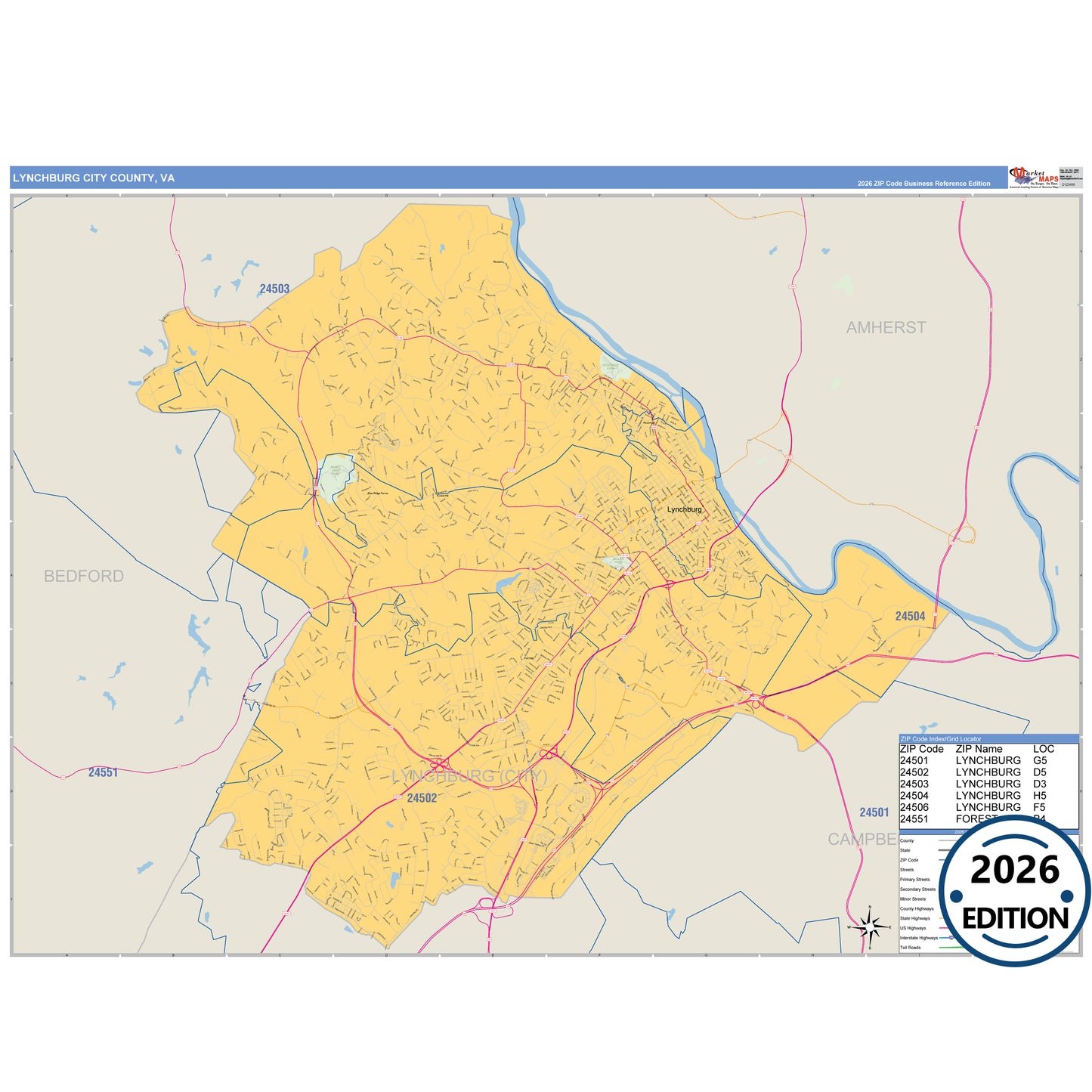 Lynchburg County, VA Business Reference 5 Digit ZIP Code Wall Map