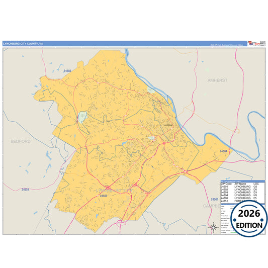 Lynchburg County, VA Business Reference 5 Digit ZIP Code Wall Map