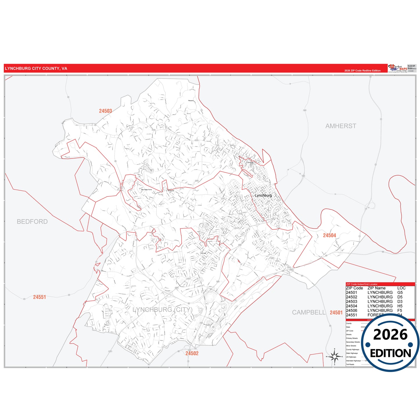 Lynchburg County, VA Red Line 5 Digit ZIP Code Wall Map