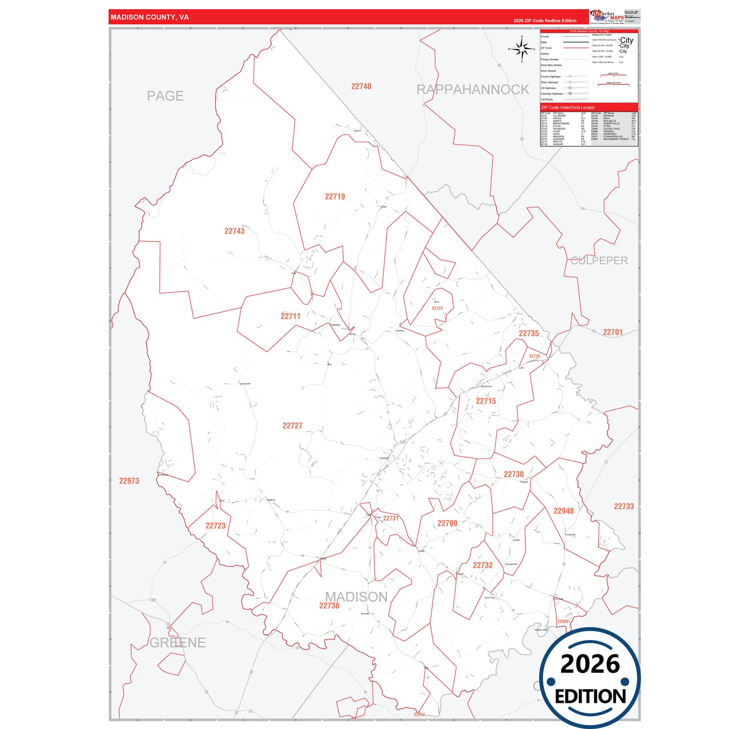Madison County, VA Red Line 5 Digit ZIP Code Wall Map