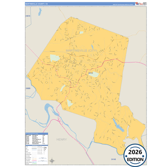 Martinsville County, VA Business Reference 5 Digit ZIP Code Wall Map