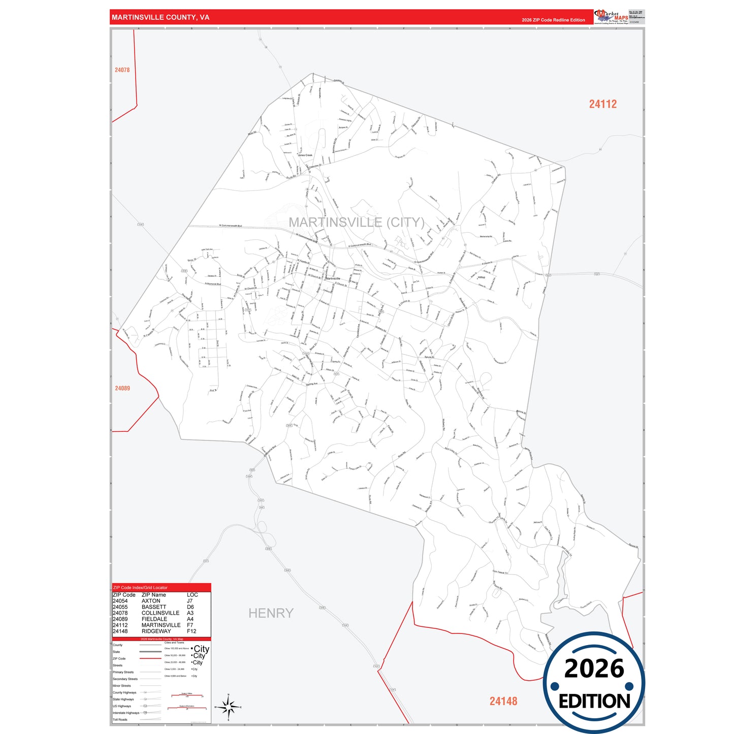 Martinsville County, VA Red Line 5 Digit ZIP Code Wall Map