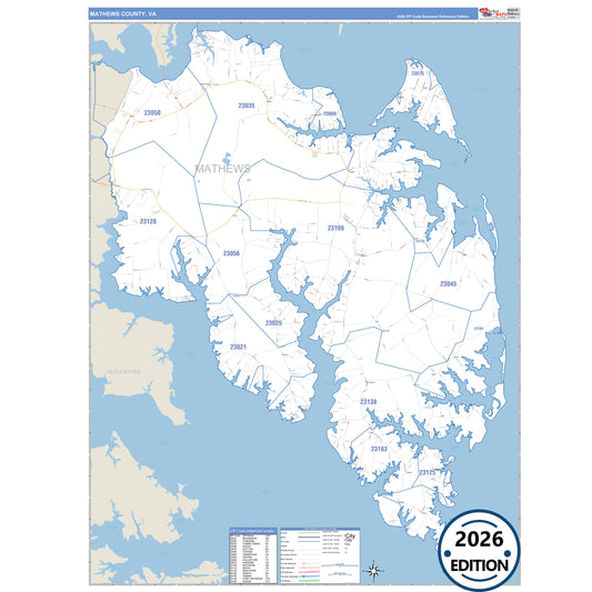 Mathews County, VA Business Reference 5 Digit ZIP Code Wall Map