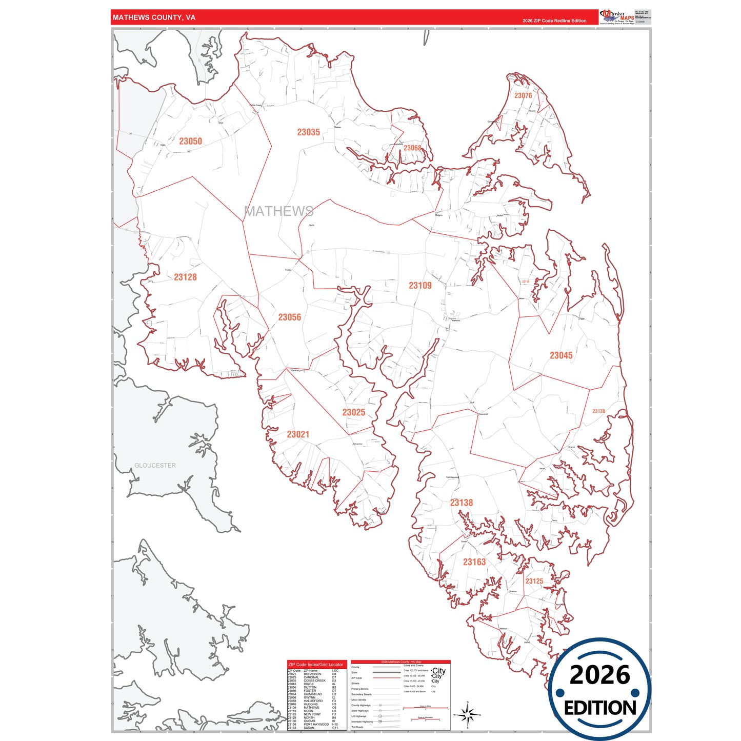 Mathews County, VA Red Line 5 Digit ZIP Code Wall Map