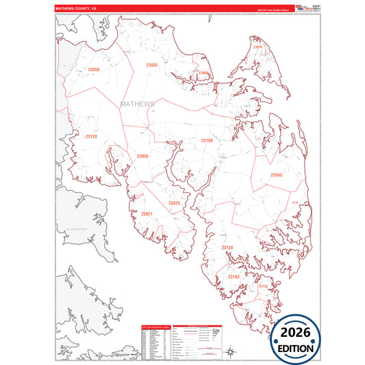 Mathews County, VA Red Line 5 Digit ZIP Code Wall Map