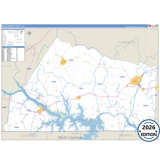 Mecklenburg County, VA Business Reference 5 Digit ZIP Code Wall Map