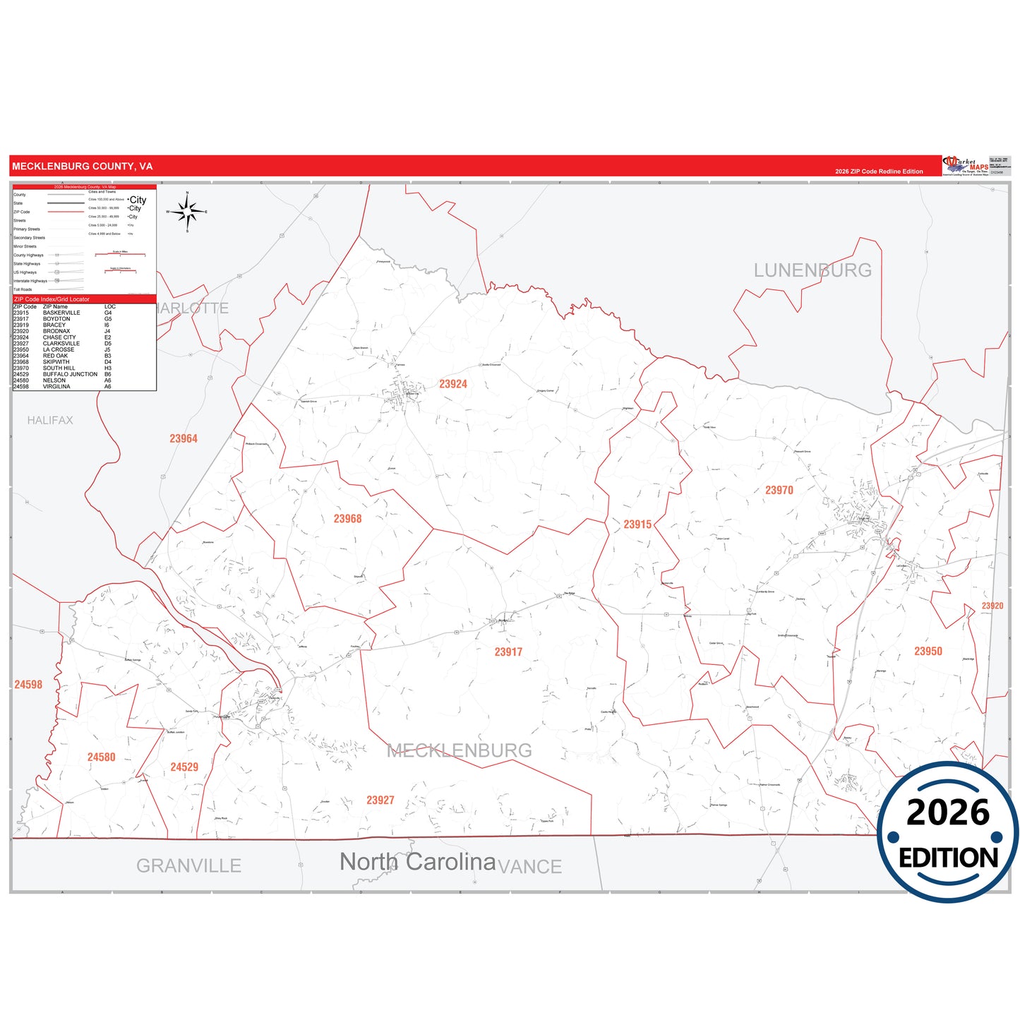 Mecklenburg County, VA Red Line 5 Digit ZIP Code Wall Map