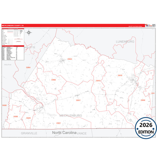 Mecklenburg County, VA Red Line 5 Digit ZIP Code Wall Map