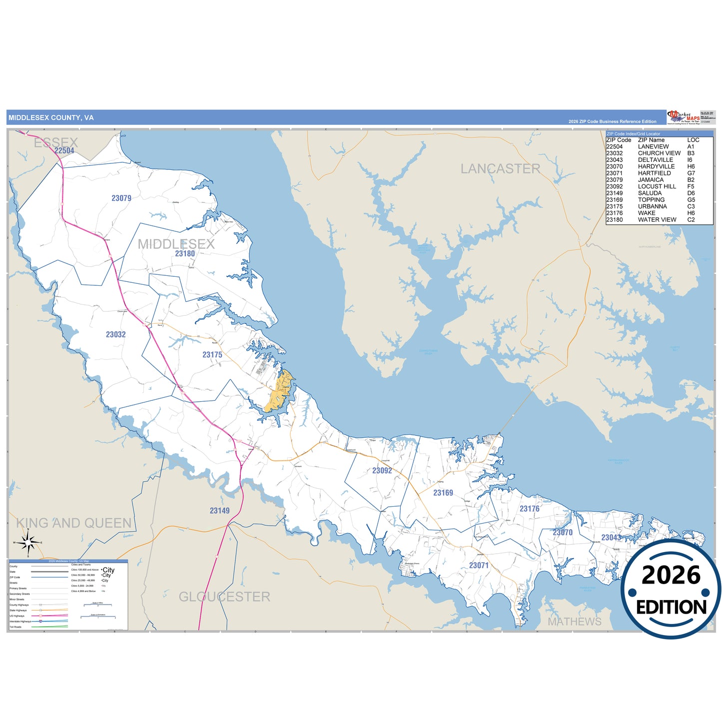 Middlesex County, VA Business Reference 5 Digit ZIP Code Wall Map