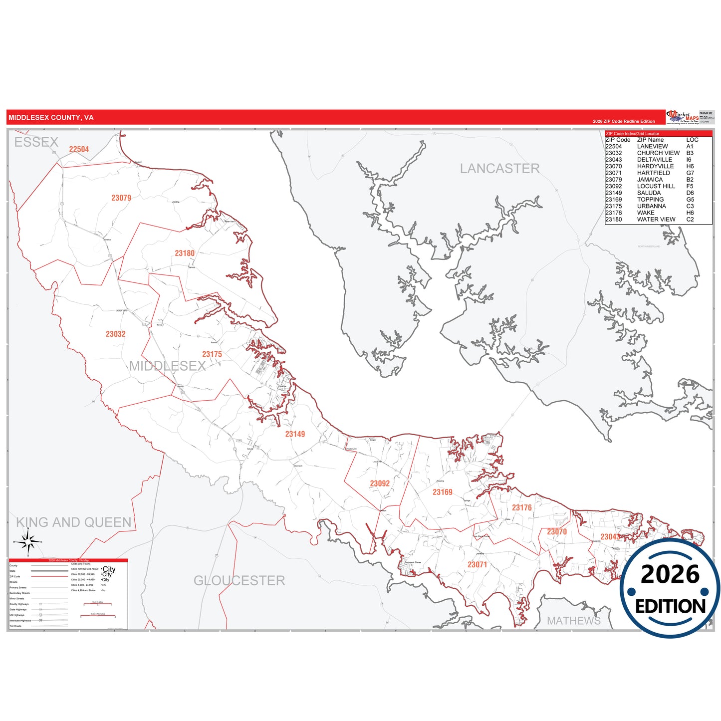 Middlesex County, VA Red Line 5 Digit ZIP Code Wall Map