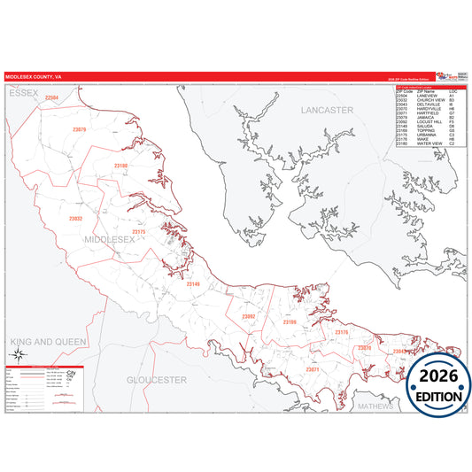 Middlesex County, VA Red Line 5 Digit ZIP Code Wall Map