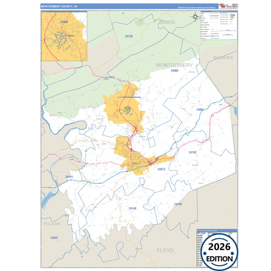 Montgomery County, VA Business Reference 5 Digit ZIP Code Wall Map
