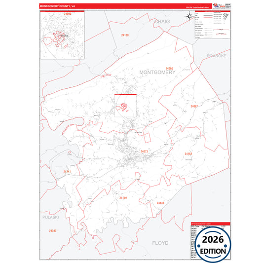 Montgomery County, VA Red Line 5 Digit ZIP Code Wall Map