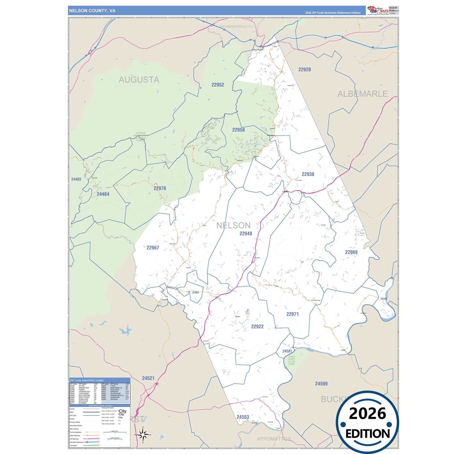 Nelson County, VA Business Reference 5 Digit ZIP Code Wall Map