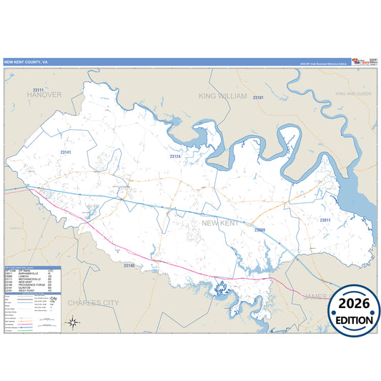 New Kent County, VA Business Reference 5 Digit ZIP Code Wall Map
