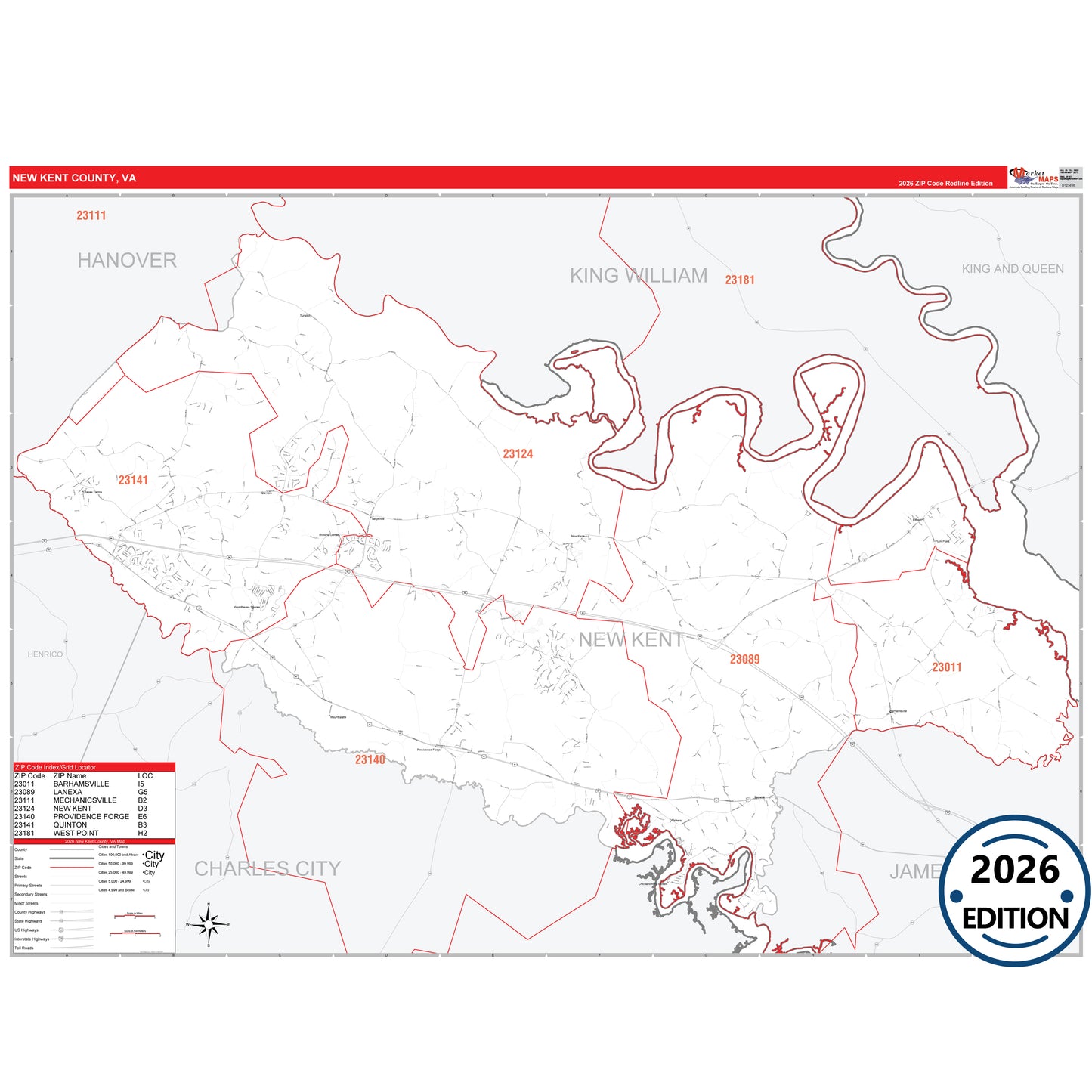 New Kent County, VA Red Line 5 Digit ZIP Code Wall Map
