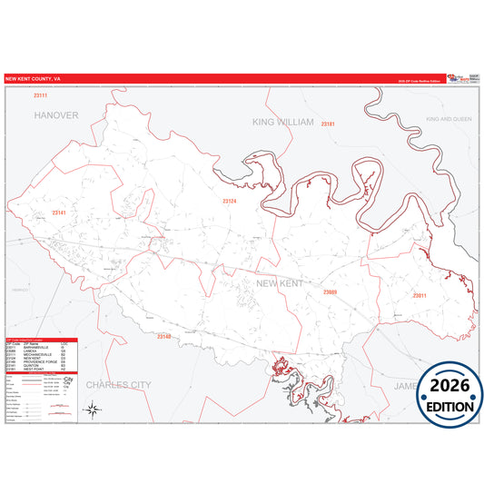New Kent County, VA Red Line 5 Digit ZIP Code Wall Map