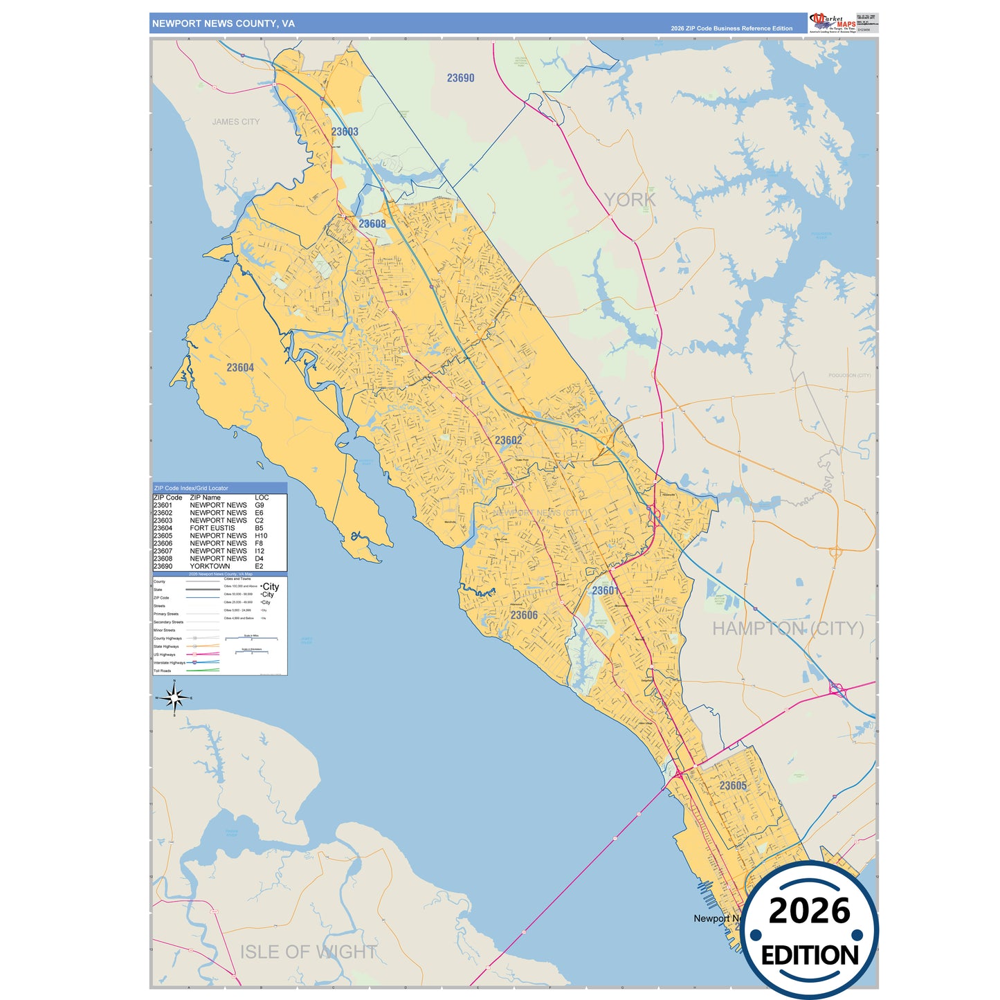 Newport News County, VA Business Reference 5 Digit ZIP Code Wall Map