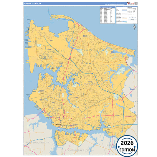 Norfolk County, VA Business Reference 5 Digit ZIP Code Wall Map