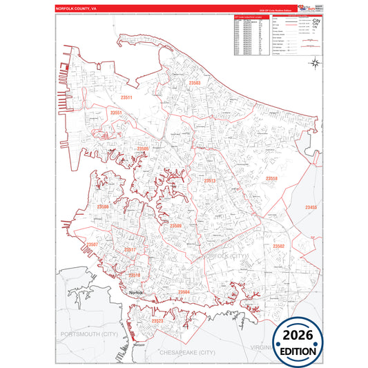 Norfolk County, VA Red Line 5 Digit ZIP Code Wall Map