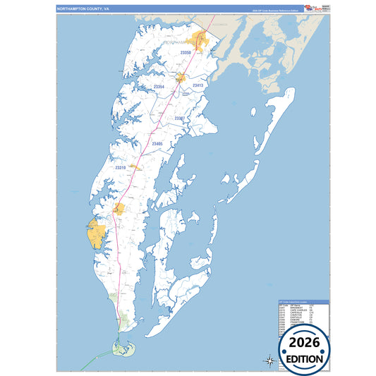 Northampton County, VA Business Reference 5 Digit ZIP Code Wall Map