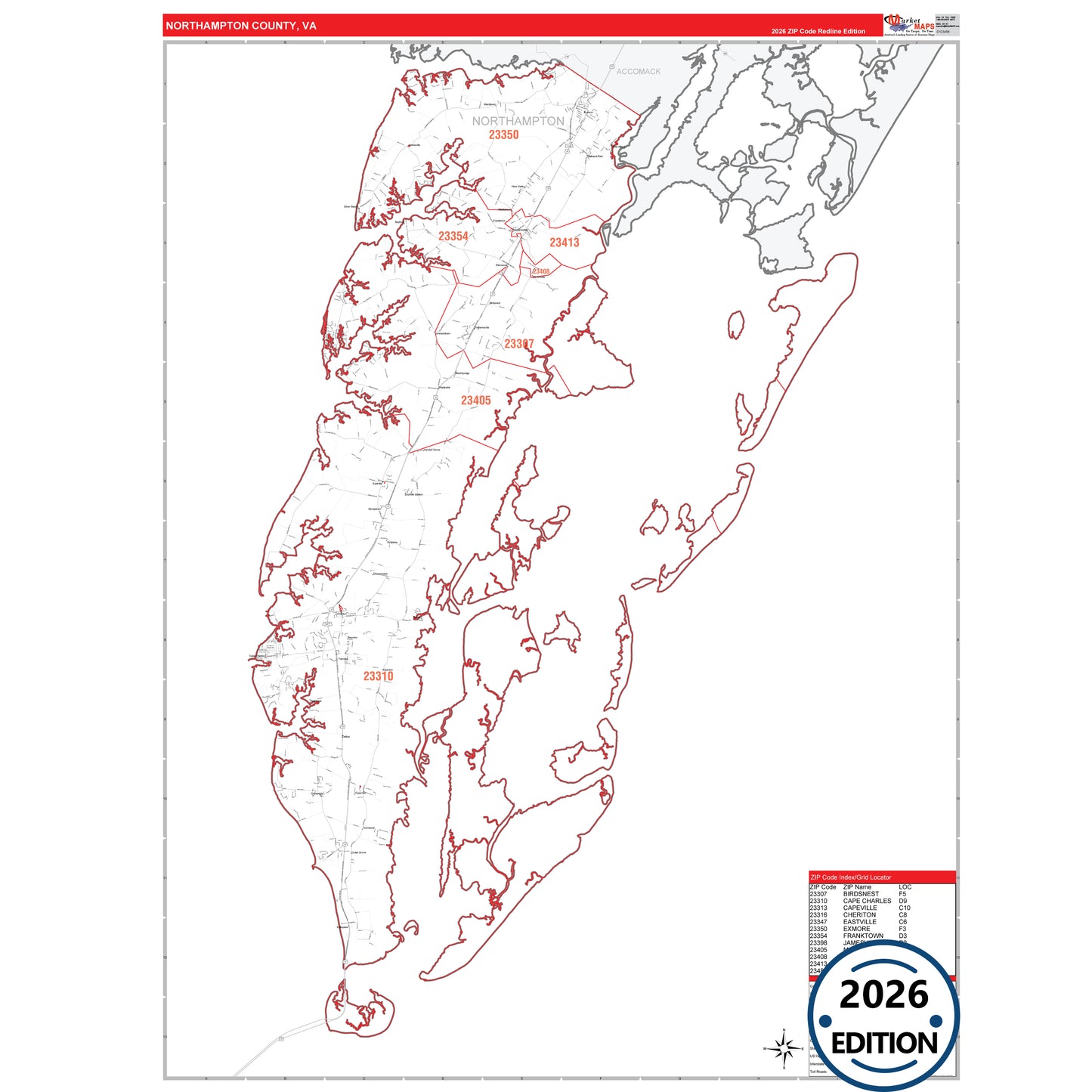 Northampton County, VA Red Line 5 Digit ZIP Code Wall Map