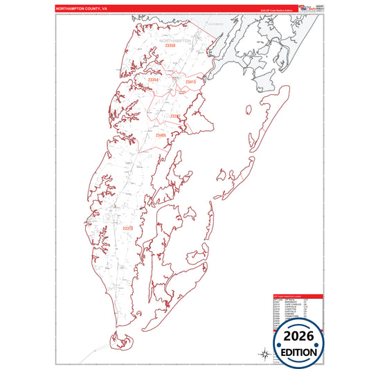 Northampton County, VA Red Line 5 Digit ZIP Code Wall Map