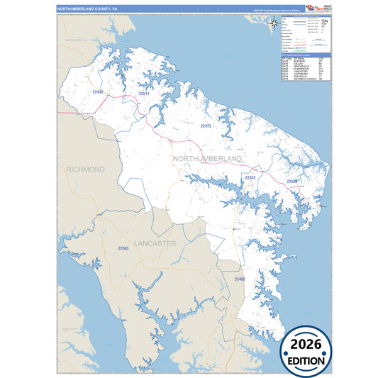 Northumberland County, VA Business Reference 5 Digit ZIP Code Wall Map