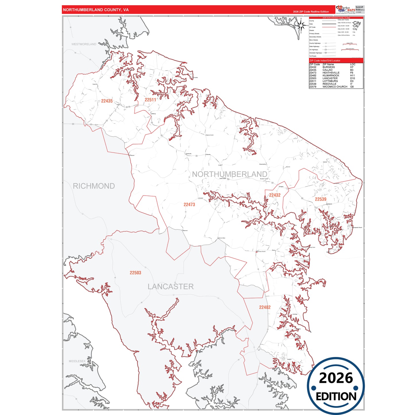 Northumberland County, VA Red Line 5 Digit ZIP Code Wall Map