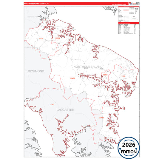 Northumberland County, VA Red Line 5 Digit ZIP Code Wall Map