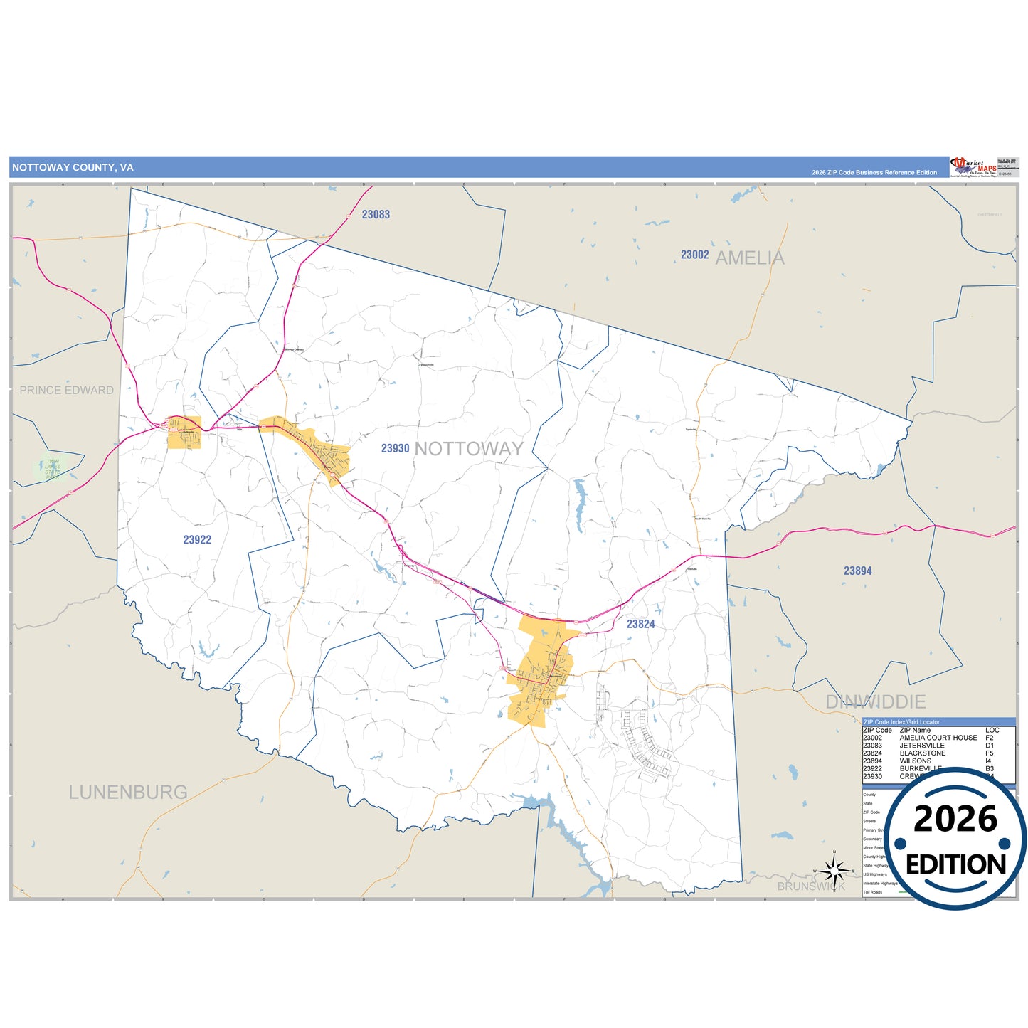 Nottoway County, VA Business Reference 5 Digit ZIP Code Wall Map