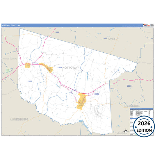 Nottoway County, VA Business Reference 5 Digit ZIP Code Wall Map