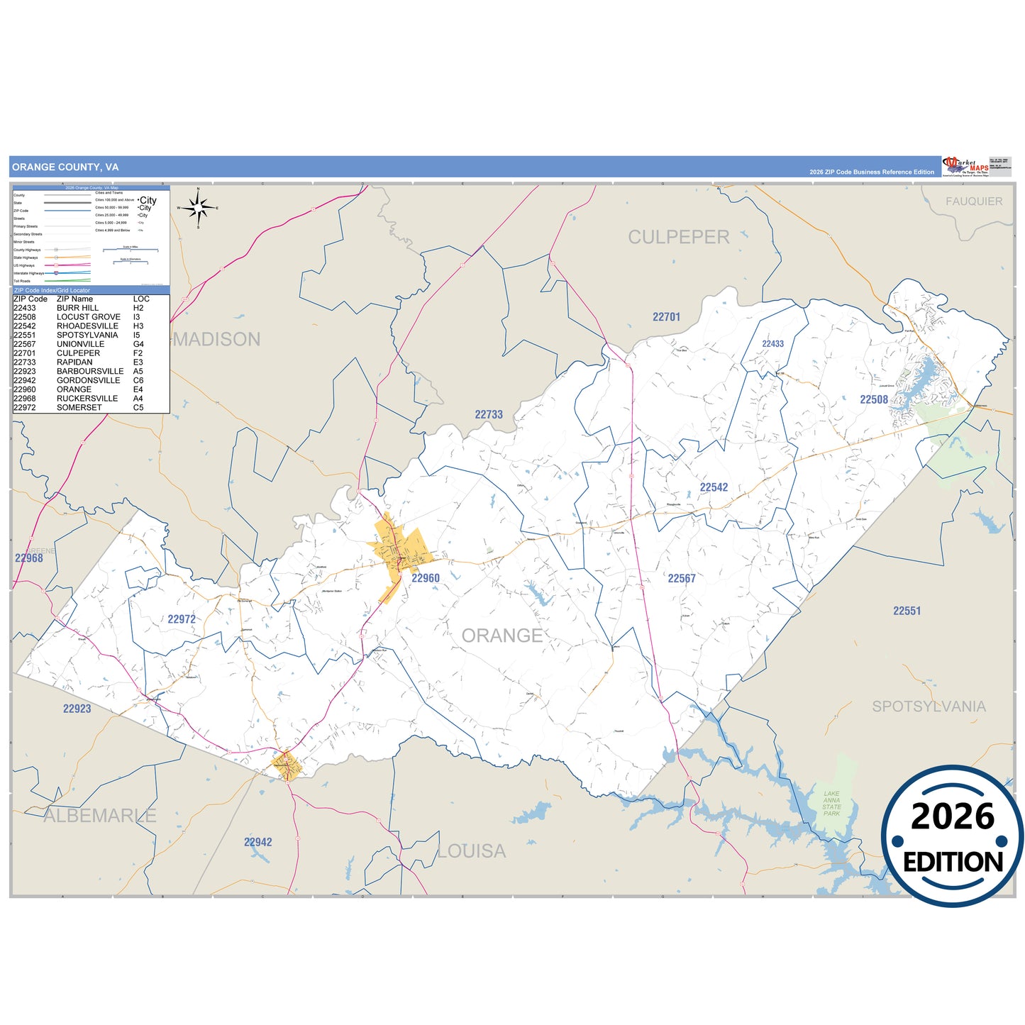 Orange County, VA Business Reference 5 Digit ZIP Code Wall Map