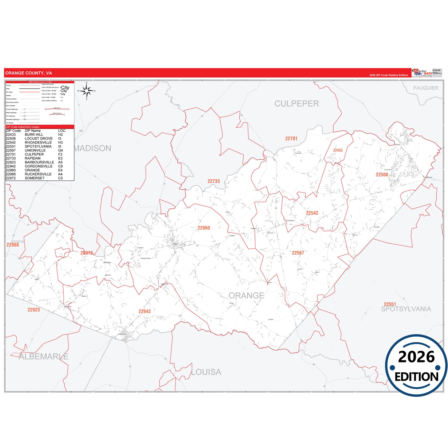 Orange County, VA Red Line 5 Digit ZIP Code Wall Map