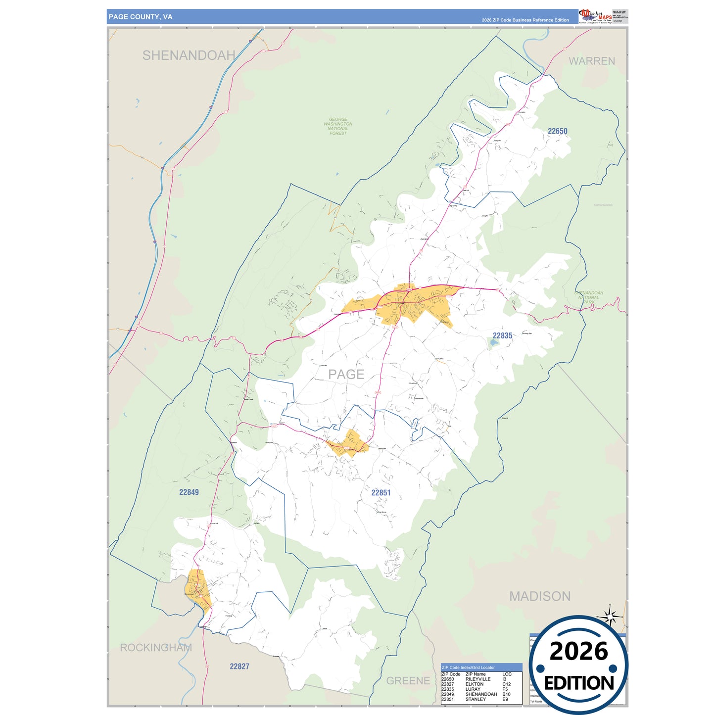 Page County, VA Business Reference 5 Digit ZIP Code Wall Map