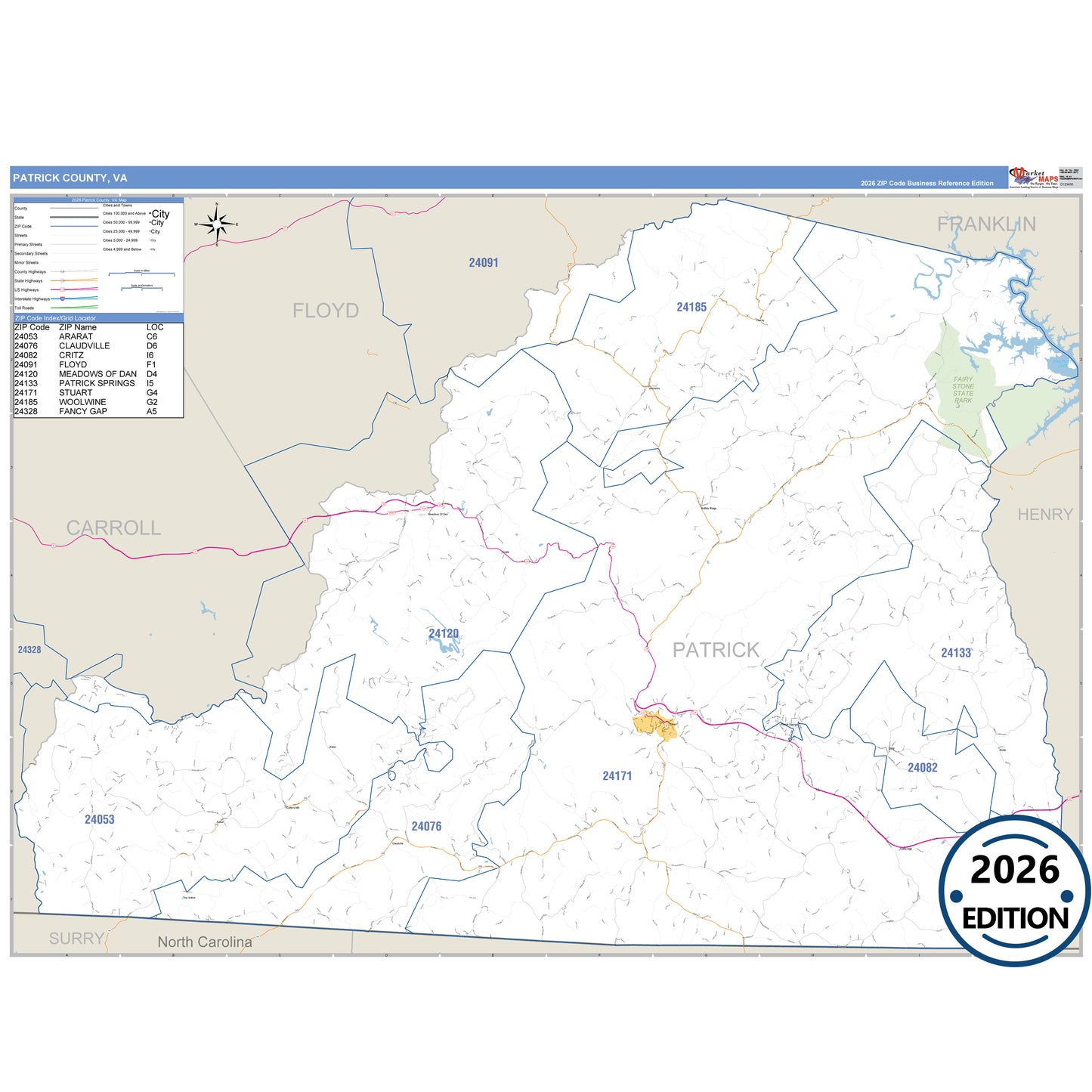 Patrick County, VA Business Reference 5 Digit ZIP Code Wall Map