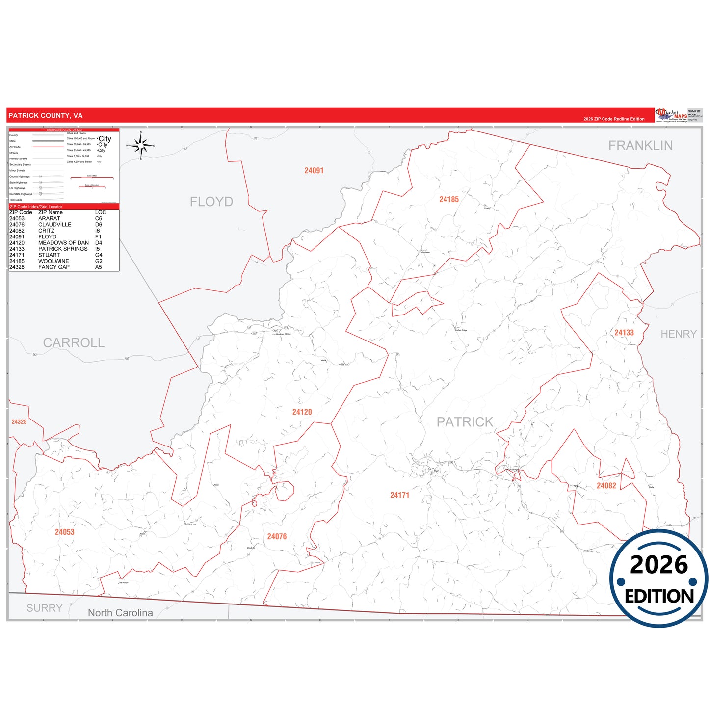 Patrick County, VA Red Line 5 Digit ZIP Code Wall Map