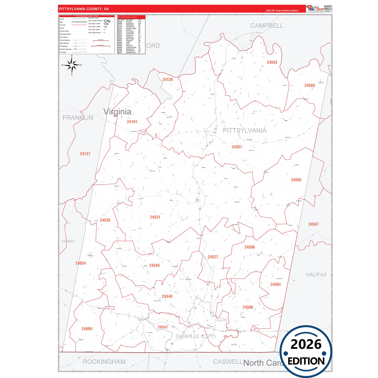 Pittsylvania County, VA Red Line 5 Digit ZIP Code Wall Map