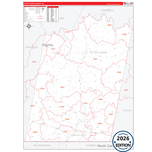 Pittsylvania County, VA Red Line 5 Digit ZIP Code Wall Map