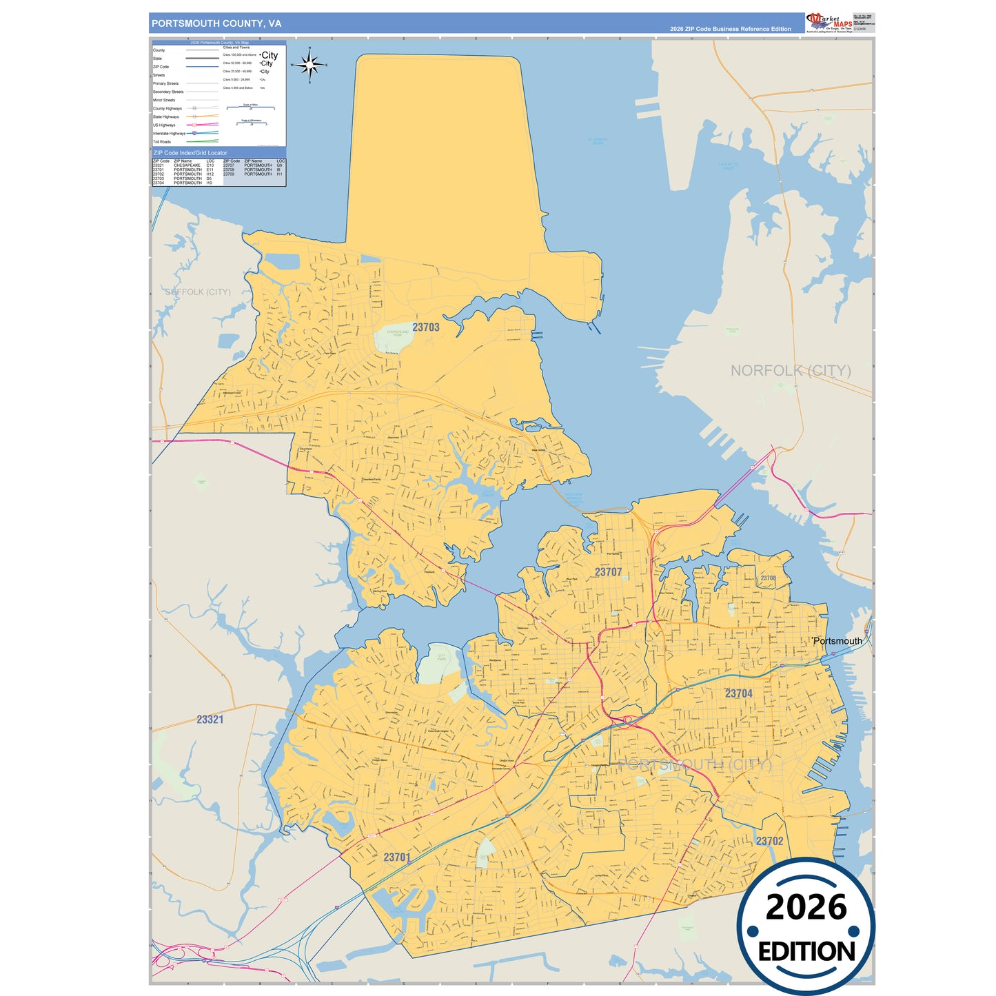 Portsmouth County, VA Business Reference 5 Digit ZIP Code Wall Map
